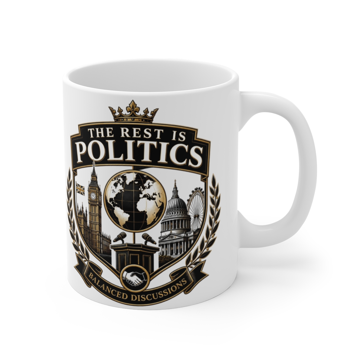The Rest Is Politics "BALANCED DISCUSSIONS" White Mug